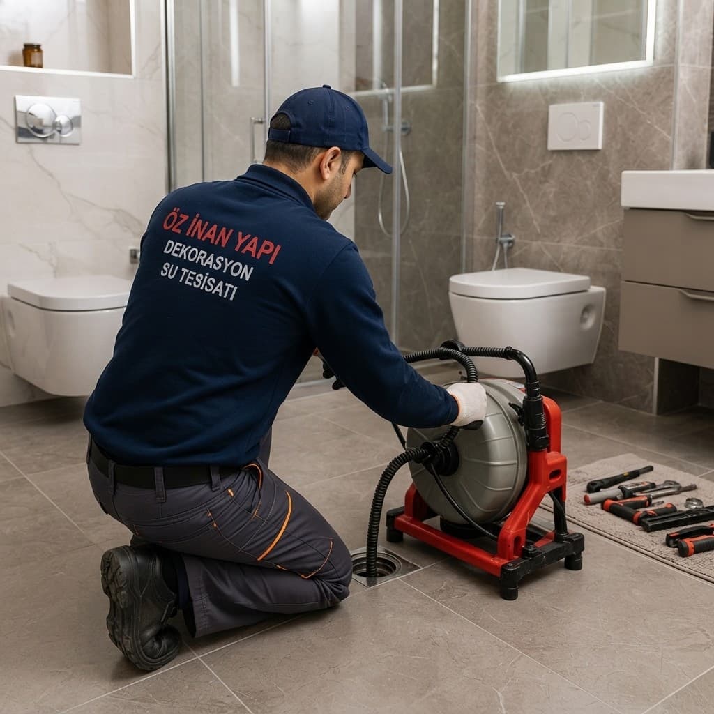Öz İnan Yapı ustası banyo giderinde profesyonel tıkanıklık açma cihazı kullanıyor